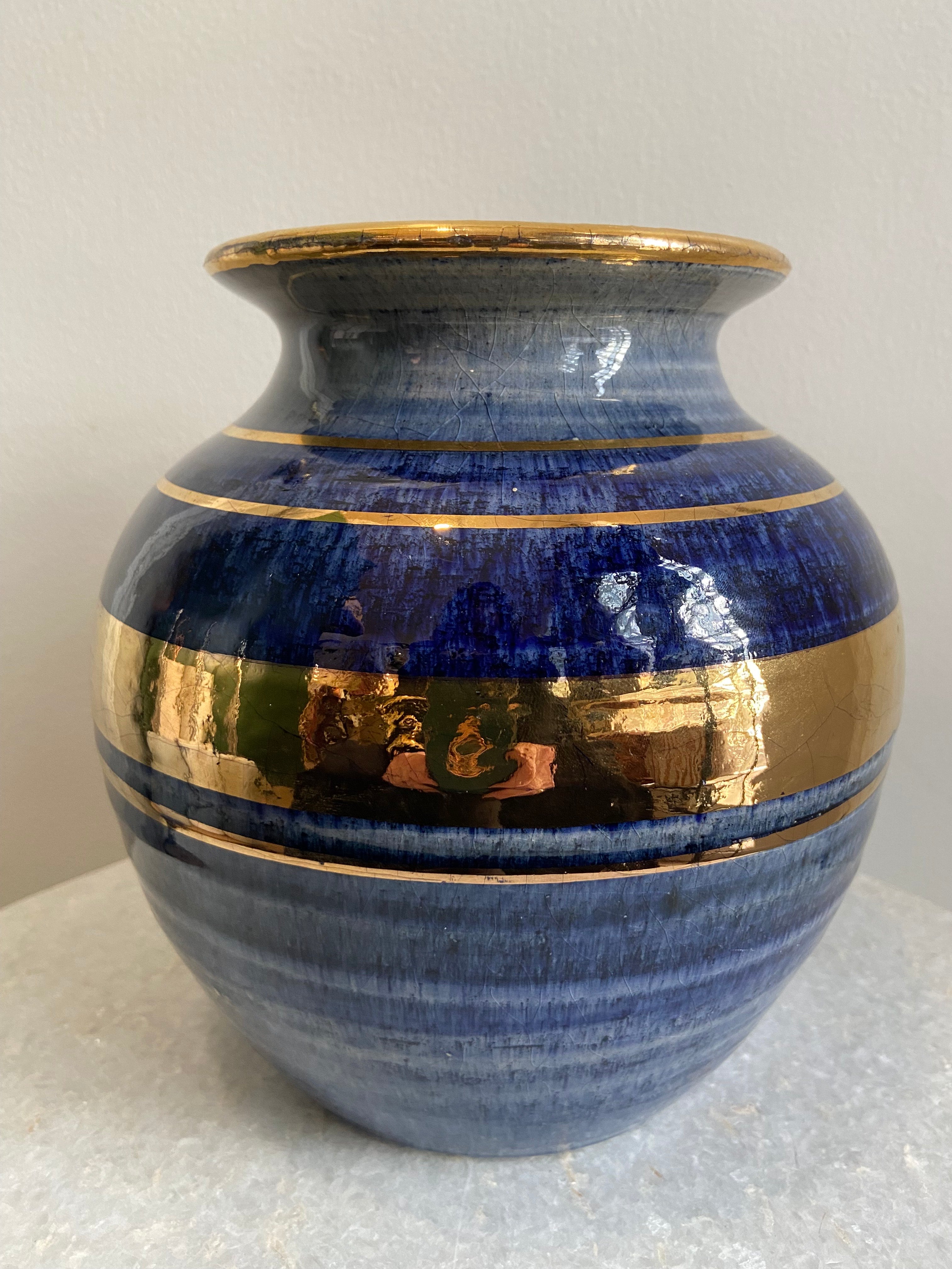 Vintage Signed 1970s Georges Pelletier Medium Blue and Gold Pot