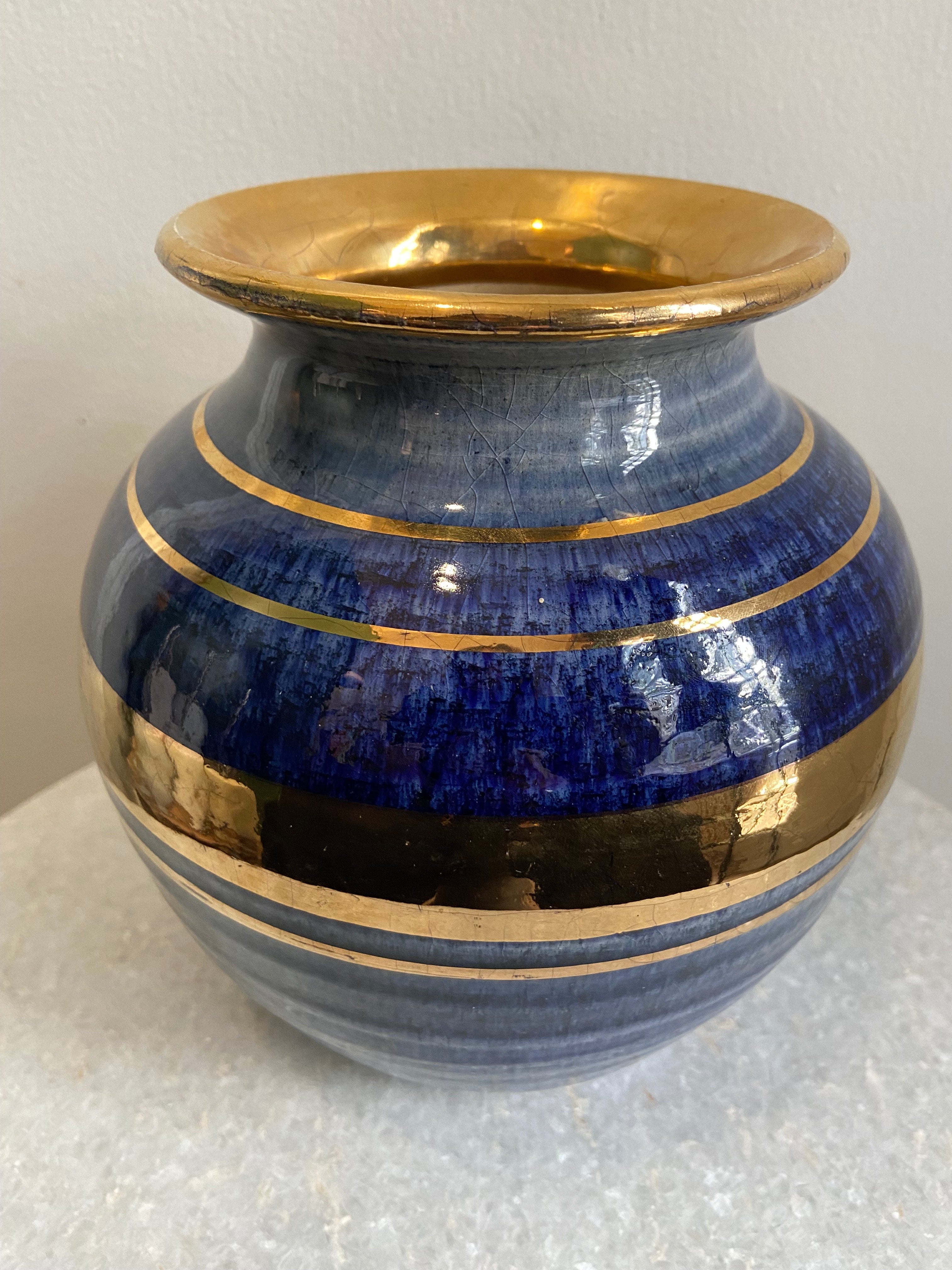 Vintage Signed 1970s Georges Pelletier Medium Blue and Gold Pot