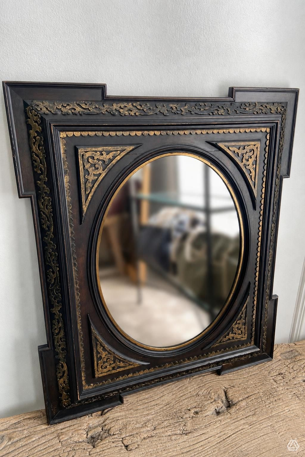 Antique 1880's Mirror Black with Gold, Square Frame/Oval Mirror
