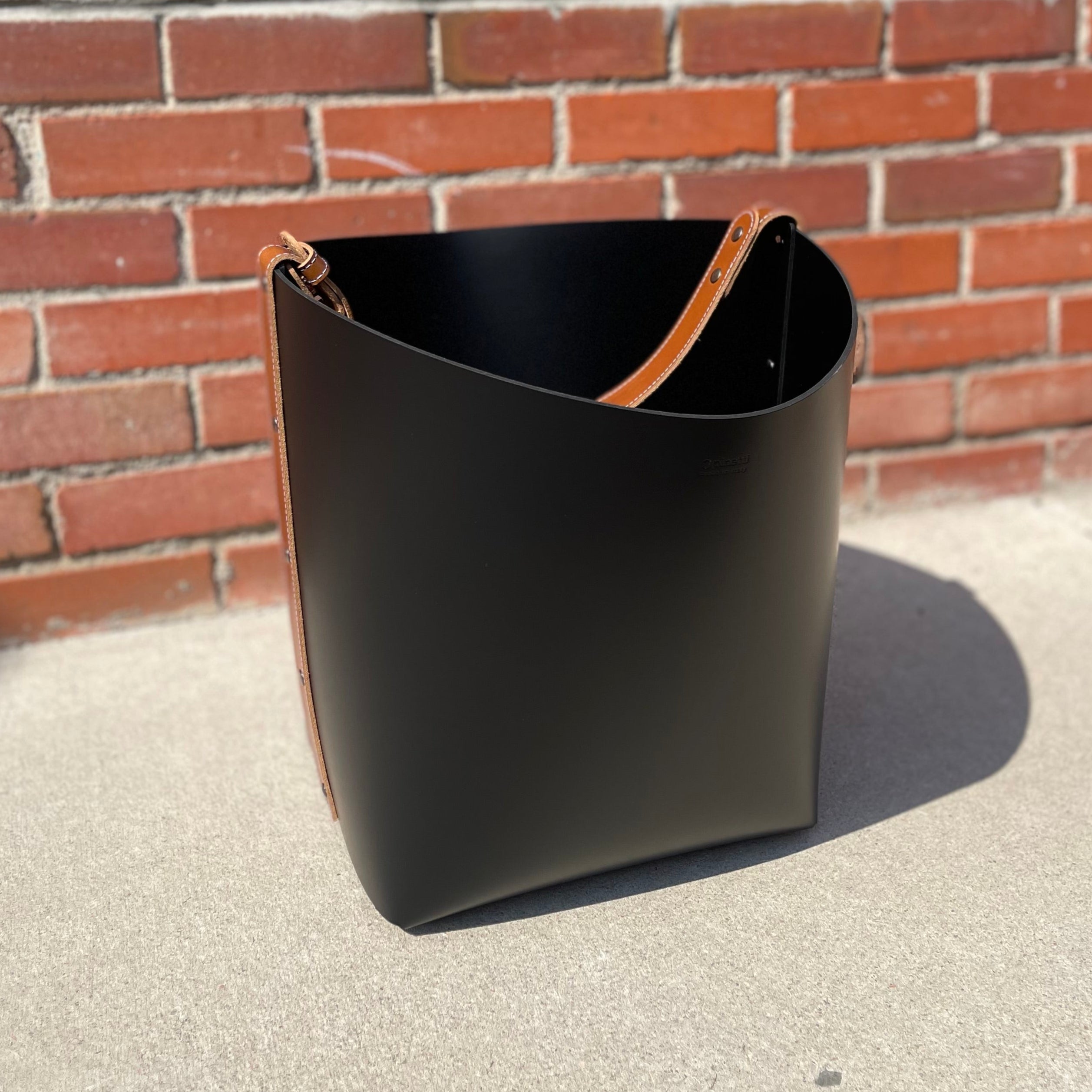 Big Leather Basket with Tan Leather Belt Handle Strap