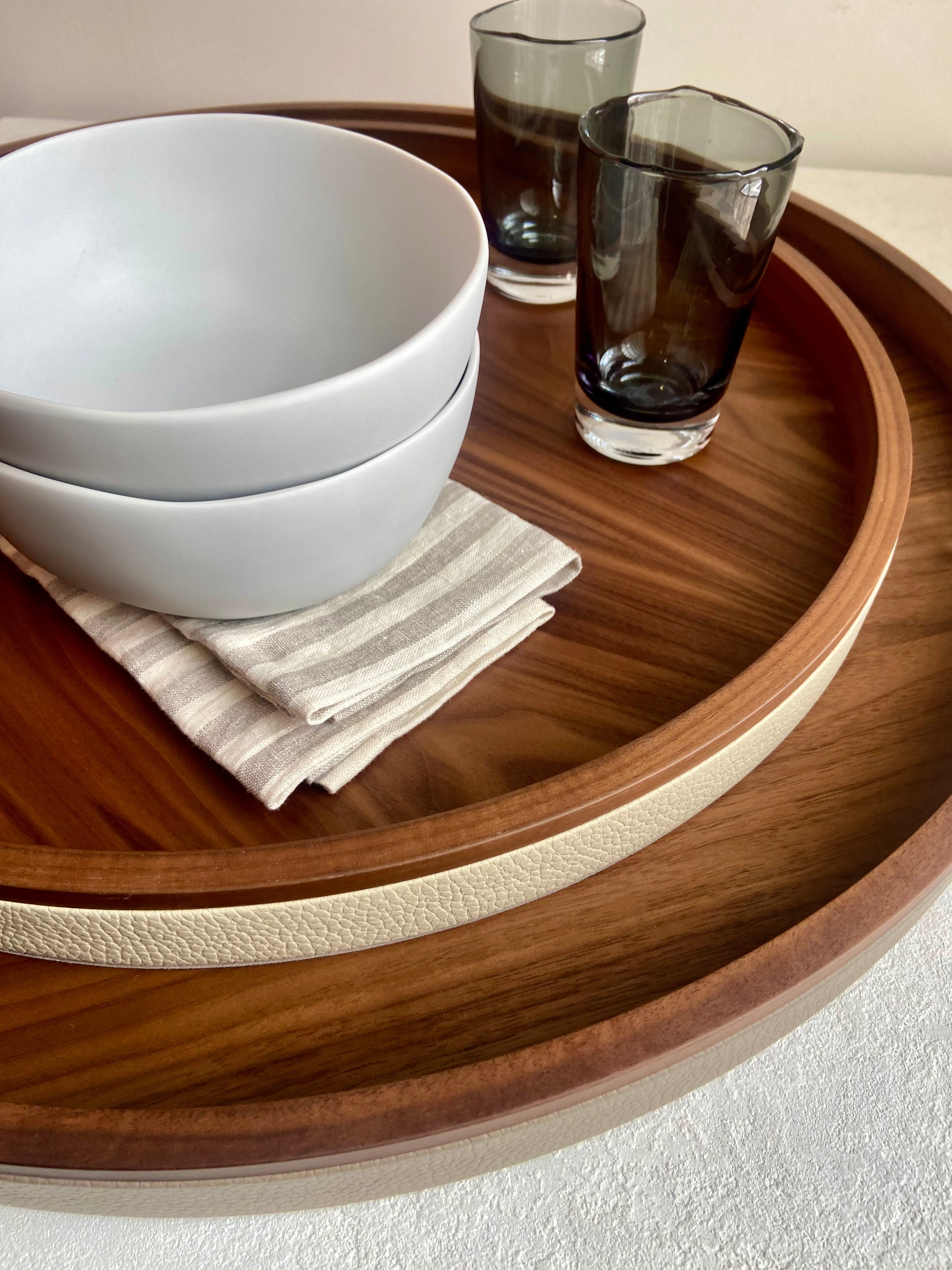 Dama Leather & Walnut Wood Round Tray Medium