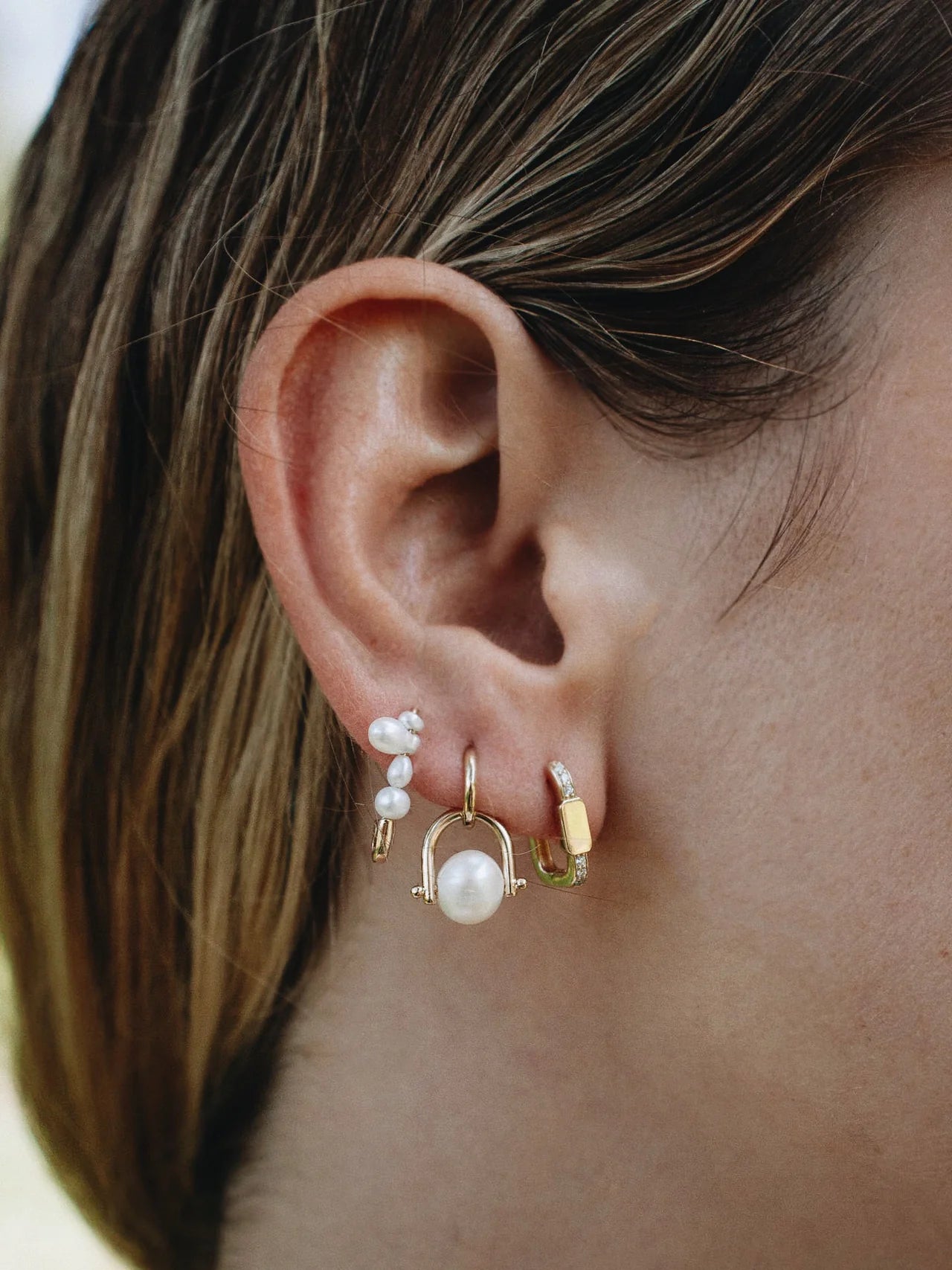 Loren Stewart Single Mini Mixed Size Freshwater Pearl Safety Pin Earring 14kt. YG