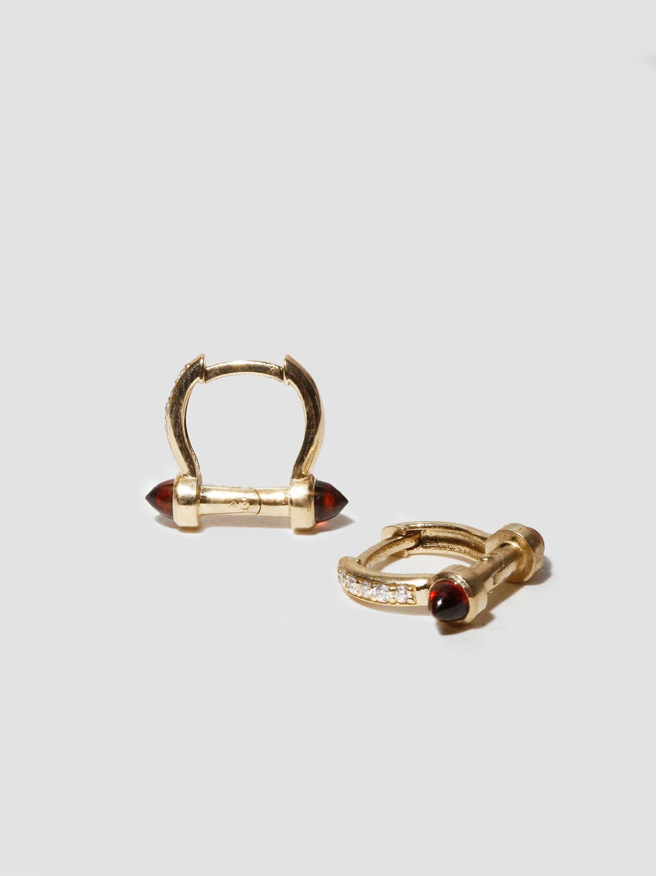 Loren Stewart Pair Diamond Pave and Garnet Barbell Hoop Earrings 14kt YG  .47"dia