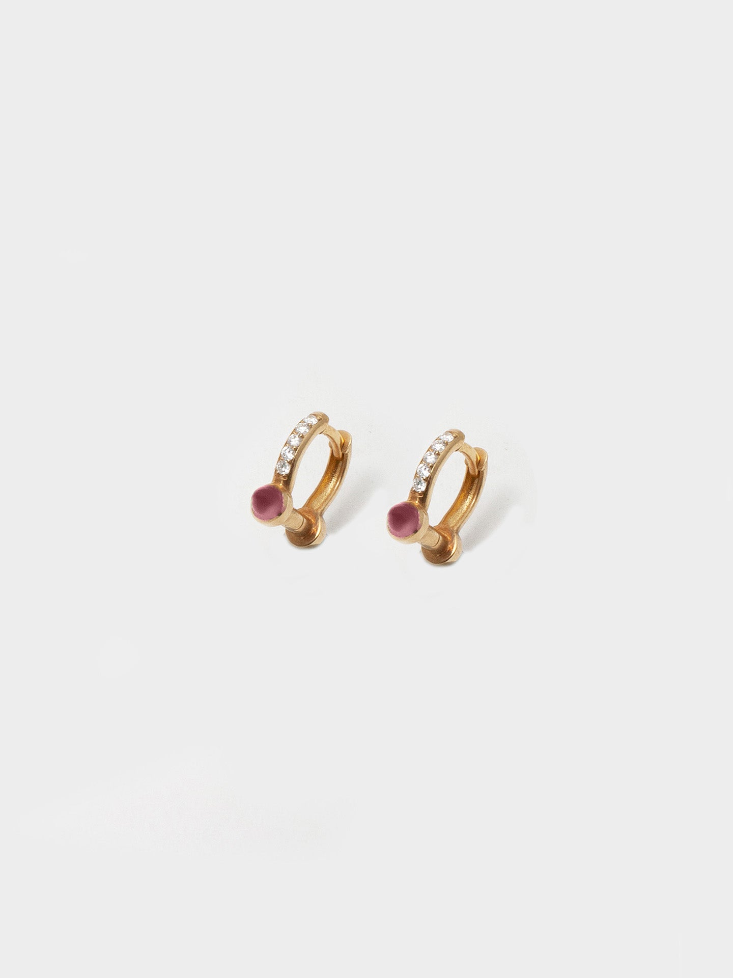 Loren Stewart Pair Diamond Pave and Garnet Barbell Hoop Earrings 14kt YG  .47"dia