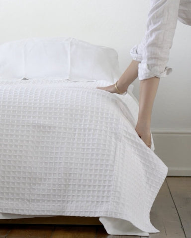 Lattice Weave Cotton Blanket with Linen Border, Queen - Homebody Denver