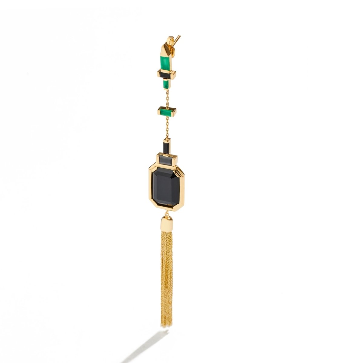Lito Pair of 18kt Gold Tassel Earrings with Large Black Spinel and Small Green Agate - Homebody Denver