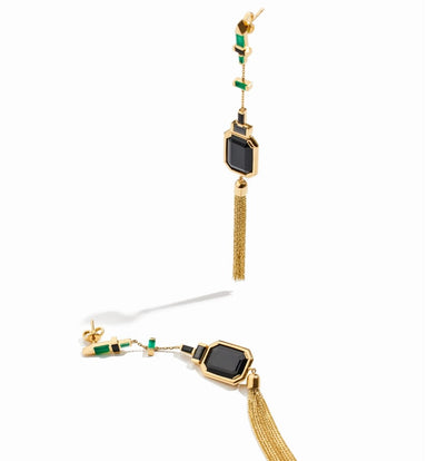 Lito Pair of 18kt Gold Tassel Earrings with Large Black Spinel and Small Green Agate - Homebody Denver