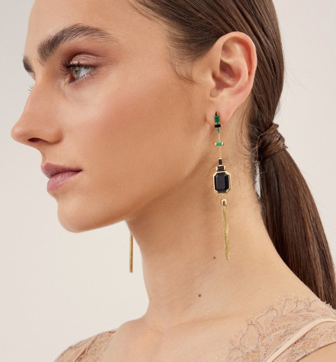 Lito Pair of 18kt Gold Tassel Earrings with Large Black Spinel and Small Green Agate - Homebody Denver