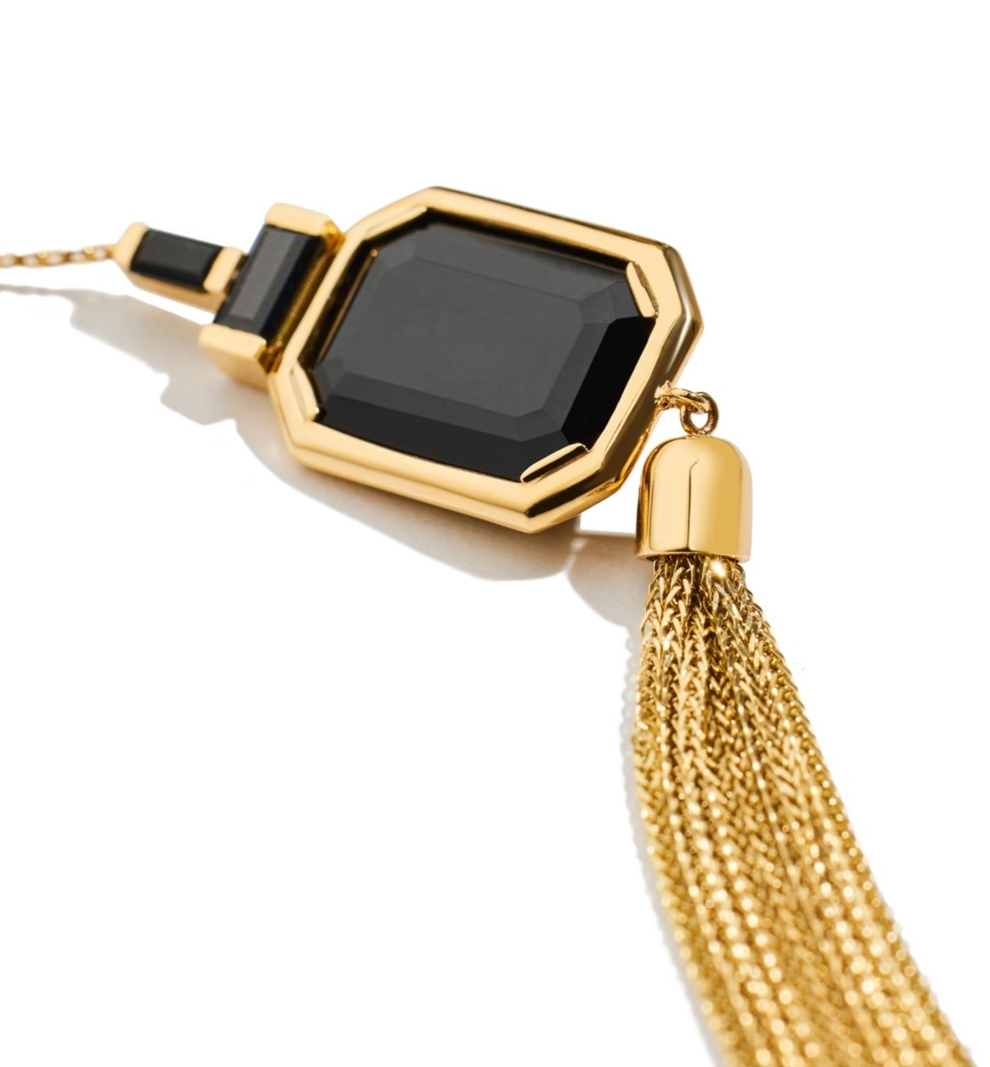 Lito Pair of 18kt Gold Tassel Earrings with Large Black Spinel and Small Green Agate - Homebody Denver
