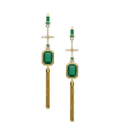 Ltio Pair of 18kt Gold Tassel Earrings with Green Agate, Moonstones and Pearls - Homebody Denver